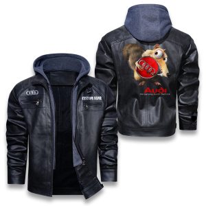 Scrat Squirrel In Ice Age Audi-logo Removable Hood Leather Jacket, Winter Outer Wear For Men And Women