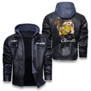 Scrat Squirrel In Ice Age Chevrolet Chevelle Removable Hood Leather Jacket, Winter Outer Wear For Men And Women