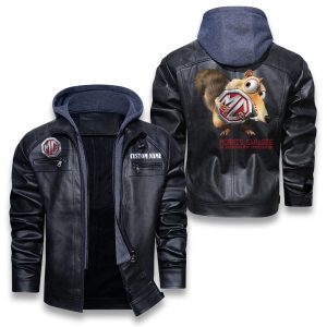 Scrat Squirrel In Ice Age MG Cars Removable Hood Leather Jacket, Winter Outer Wear For Men And Women