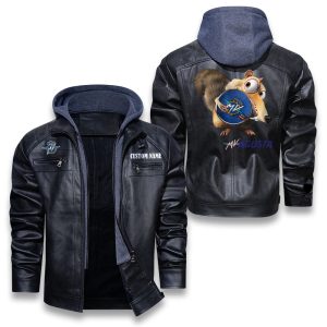 Scrat Squirrel In Ice Age MV Agusta Removable Hood Leather Jacket, Winter Outer Wear For Men And Women