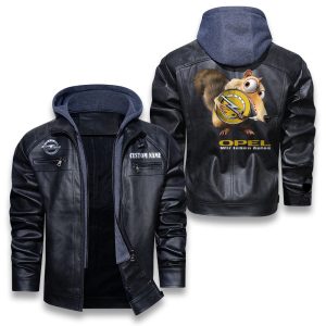 Scrat Squirrel In Ice Age Opel Removable Hood Leather Jacket, Winter Outer Wear For Men And Women