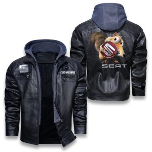 Scrat Squirrel In Ice Age SEAT Removable Hood Leather Jacket, Winter Outer Wear For Men And Women