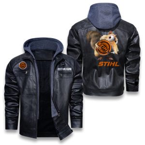 Scrat Squirrel In Ice Age Stihl Removable Hood Leather Jacket, Winter Outer Wear For Men And Women