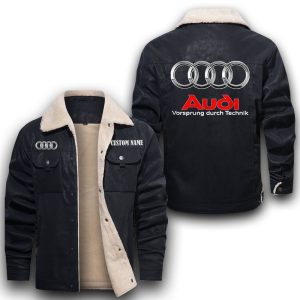 Custom Name Audi-logo Leather Jacket With Velvet Inside, Winter Outer Wear For Men And Women