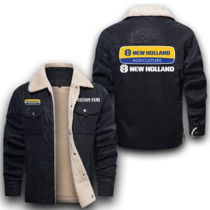 Custom Name New Holland Agriculture Leather Jacket With Velvet Inside, Winter Outer Wear For Men And Women