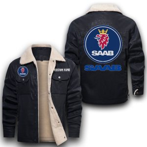 Custom Name SAAB Leather Jacket With Velvet Inside, Winter Outer Wear For Men And Women
