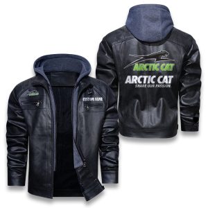 Custom Name Arctic Cat Removable Hood Leather Jacket, Winter Outer Wear For Men And Women