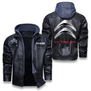 Custom Name Citroen Removable Hood Leather Jacket, Winter Outer Wear For Men And Women