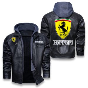 Custom Name Ferrari Removable Hood Leather Jacket, Winter Outer Wear For Men And Women
