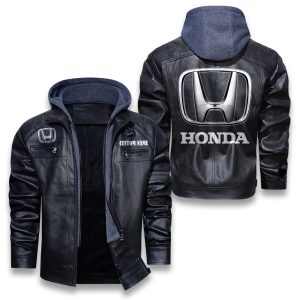 Custom Name Honda Removable Hood Leather Jacket, Winter Outer Wear For Men And Women