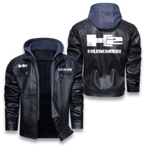 Custom Name Hummer H2 Removable Hood Leather Jacket, Winter Outer Wear For Men And Women
