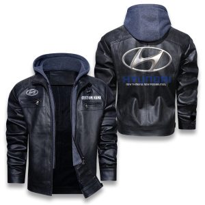 Custom Name Hyundai Removable Hood Leather Jacket, Winter Outer Wear For Men And Women