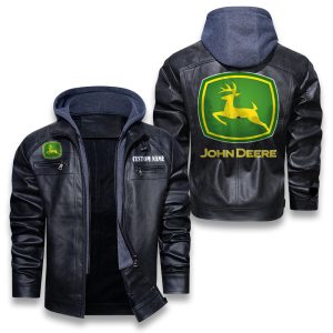 Custom Name John Deere Removable Hood Leather Jacket, Winter Outer Wear For Men And Women