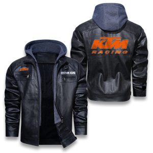 Custom Name KTM Removable Hood Leather Jacket, Winter Outer Wear For Men And Women
