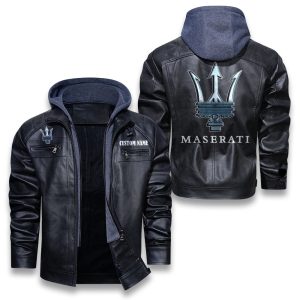 Custom Name Maserati Removable Hood Leather Jacket, Winter Outer Wear For Men And Women