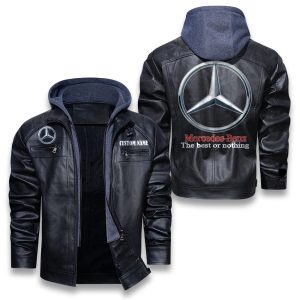 Custom Name Mercedes Benz Removable Hood Leather Jacket, Winter Outer Wear For Men And Women