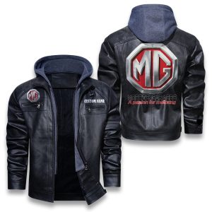 Custom Name MG Cars Removable Hood Leather Jacket, Winter Outer Wear For Men And Women
