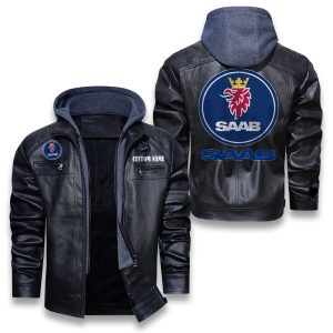 Custom Name SAAB Removable Hood Leather Jacket, Winter Outer Wear For Men And Women