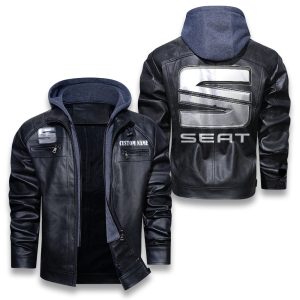 Custom Name SEAT Removable Hood Leather Jacket, Winter Outer Wear For Men And Women