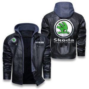 Custom Name Skoda Removable Hood Leather Jacket, Winter Outer Wear For Men And Women