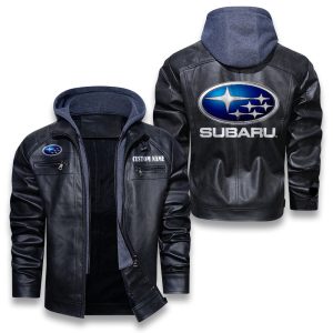 Custom Name Subaru Removable Hood Leather Jacket, Winter Outer Wear For Men And Women