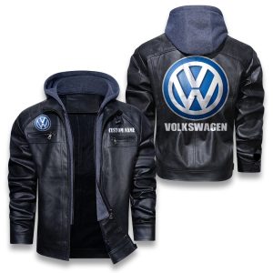 Custom Name Volkswagen Group Removable Hood Leather Jacket, Winter Outer Wear For Men And Women