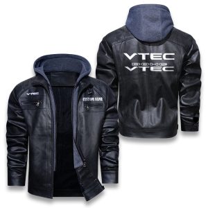 Custom Name VTEC Removable Hood Leather Jacket, Winter Outer Wear For Men And Women