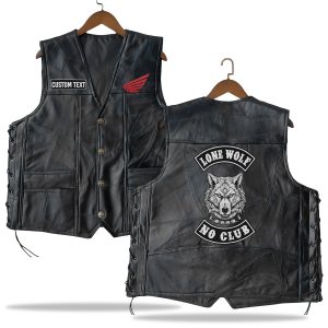 Honda Motor Logo Embroidery Patches Lone Wolf No Club Custom Name Motorcyle Biker Leather Vest For Men And Women